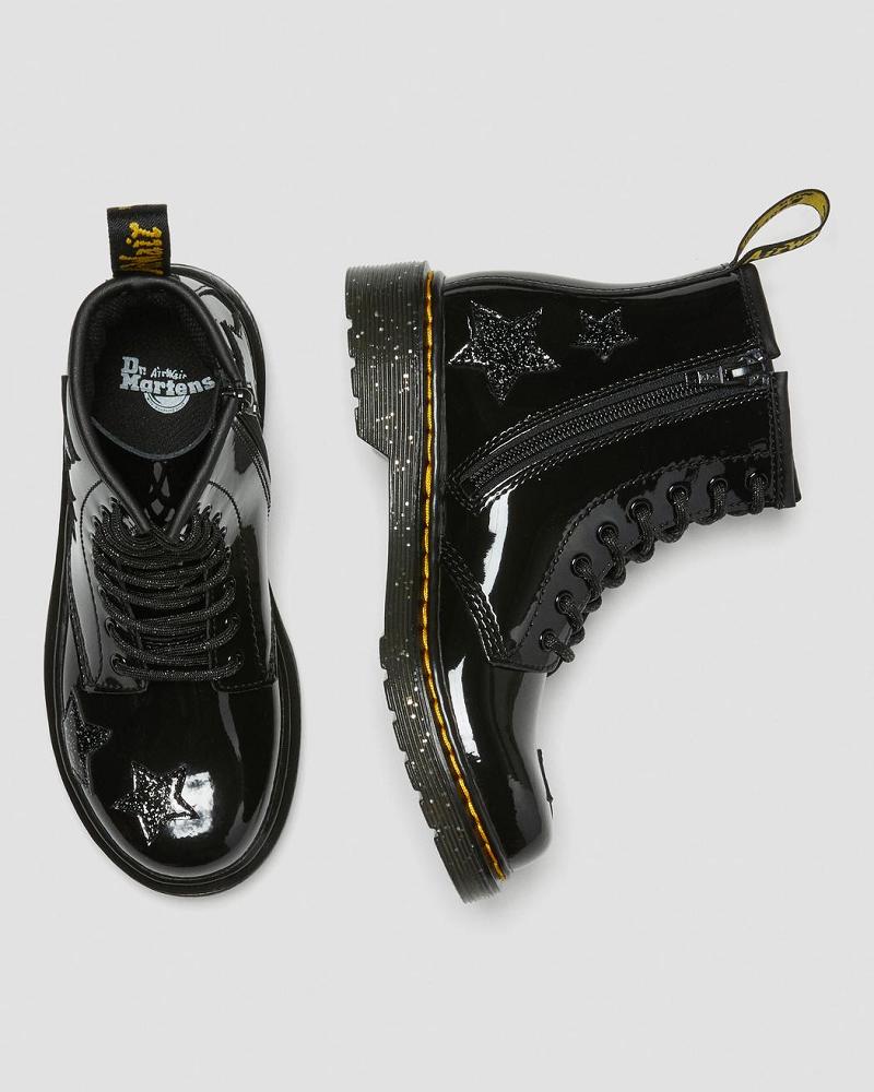 Black Kids' Dr Martens Junior 1460 Glitter Star Patent Lace Up Boots | CA 679PJJ